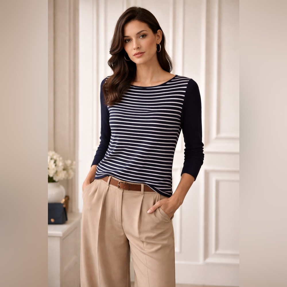 Sz M Akris Punto Navy & White Striped Knit Top $730 MSRP
